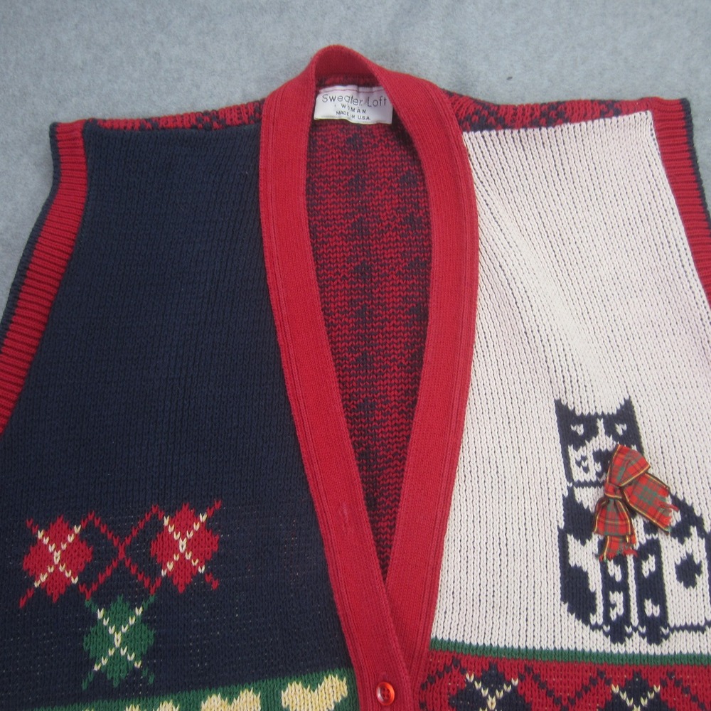 Sweater Loft Vest Women 1X Red Multi Ugly Christmas Sweater Dog Cat Fair Isle - Picture 2 of 12